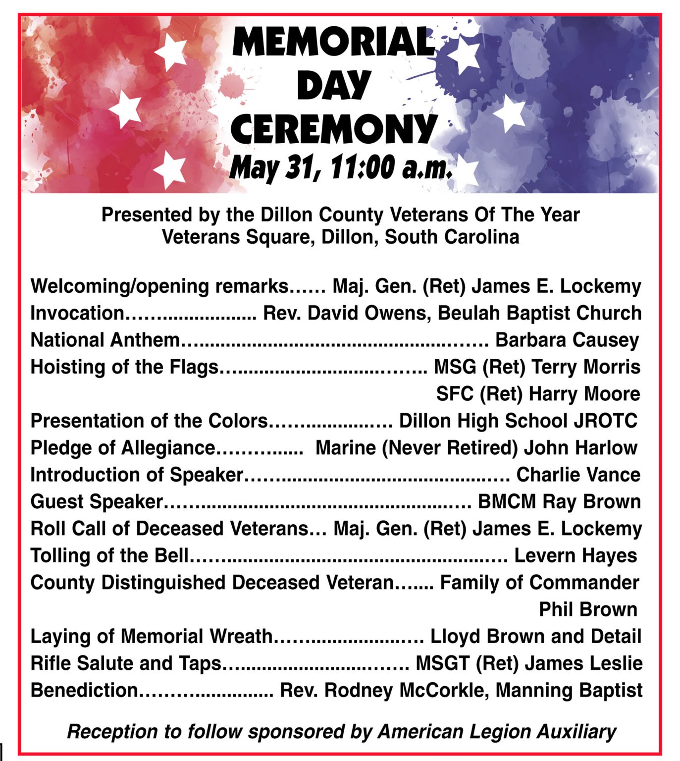 Memorial Day Service To Be Held On Monday, May 31 The Dillon Herald