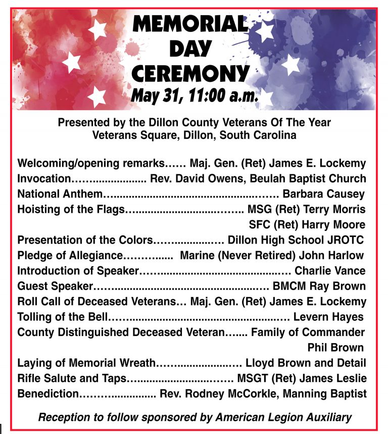 Memorial Day Service To Be Held On Monday, May 31 – The Dillon Herald